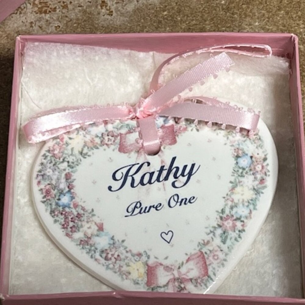 Vintage Heart "Kathy" "Pure One" Holiday Christmas Ornament Ceramic 3"